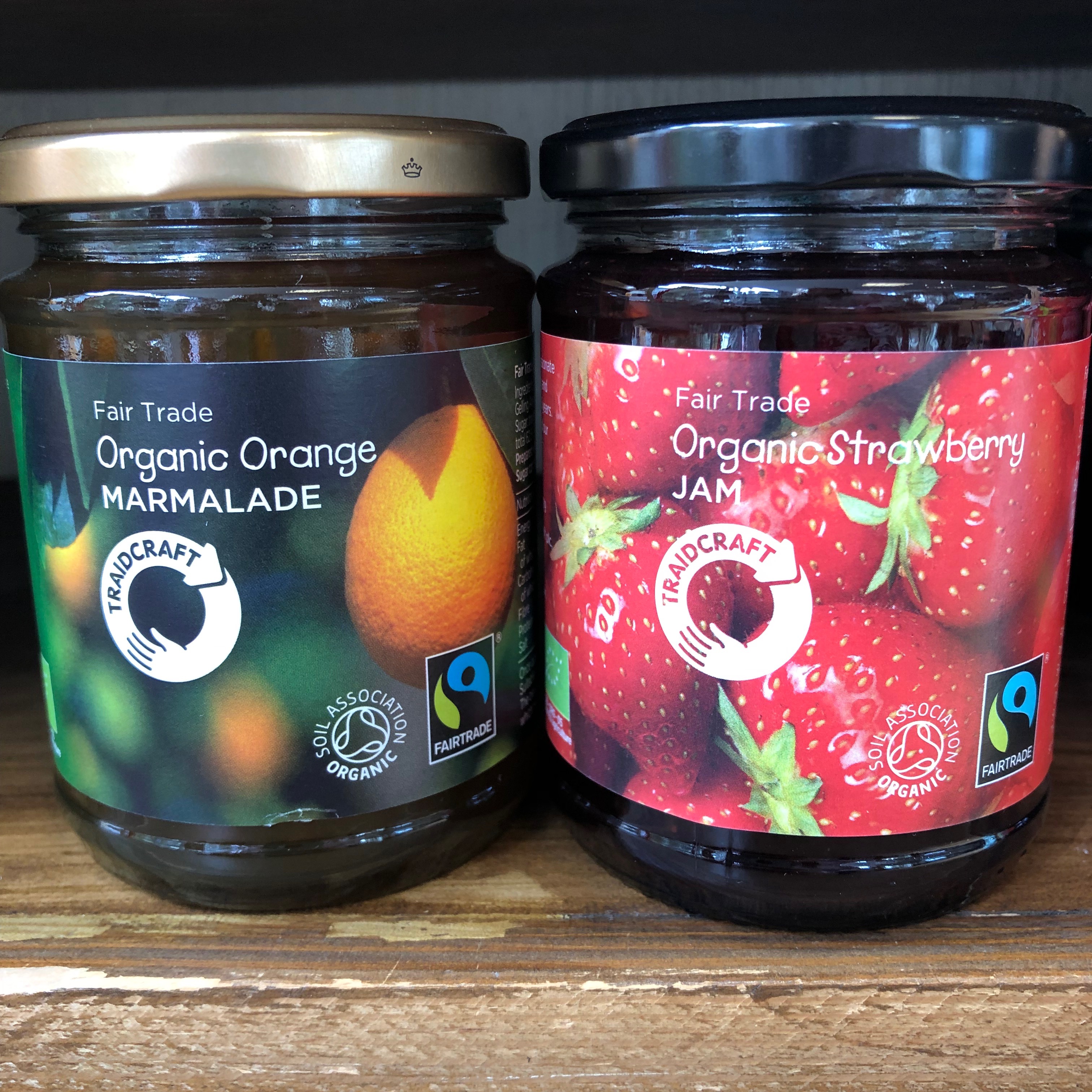 Traidcraft jars of marmalade and jam