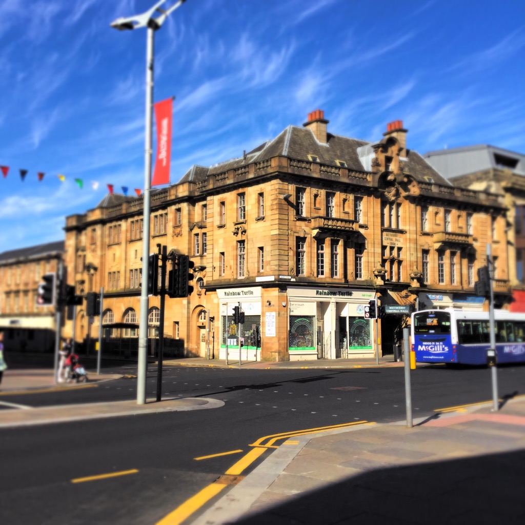 paisley methodist central hall and Rainbow Turtle shop, viewed from across the road